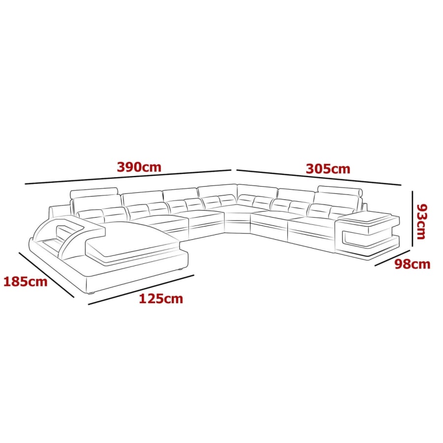 Canap&eacute; d'angle panoramique design en cuir rouge et blanc avec lumi&egrave;re int&eacute;gr&eacute;e